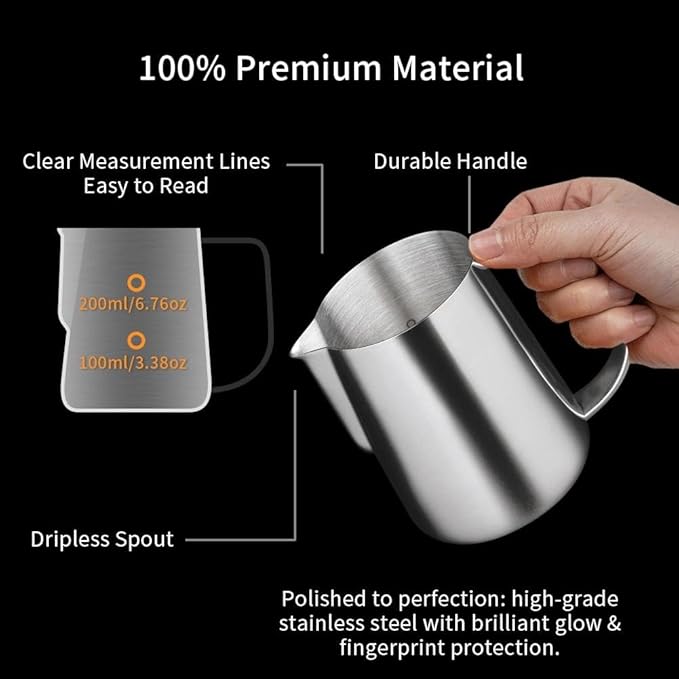 watchget Milk Frothing Pitcher 250ml/8oz Stainless Steel Espresso Steaming Pitcher Milk Coffee Cappuccino Latte Art Barista Steam Jug Espresso Frother Cup, Silver