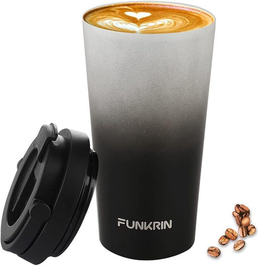 Funkrin Insulated Coffee Mug with Ceramic Coating, 16oz Iced Coffee Tumbler Cup with Flip Lid and Handle, Double Wall Vacuum Leak-Proof Travel Mug for Office School Party Camping by Funkrin