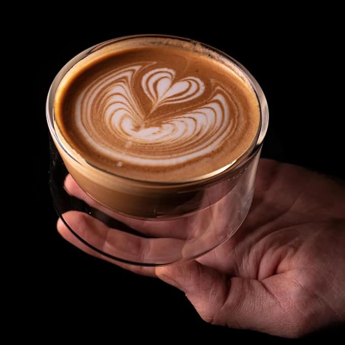 KRUVE IMAGINE Dark Coffee Cups - Handcrafted Double-Wall Glass Cups (Set of Two, 8.5oz/250ml) - Perfect for Latte Art and Espresso - Durable Borosilicate Glass - Ideal Gift for Coffee Mugs Lovers