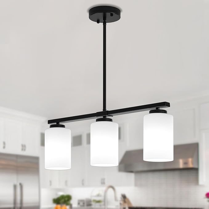 Modern Kitchen Island Lighting Black Dining Room Light Fixtures | 3-Light Linear Chandelier Over Table, 21.25'' Island Lights for Kitchen White Frosted Glass Shades, Adjustable Height by YUEMZSChandelierforLiving