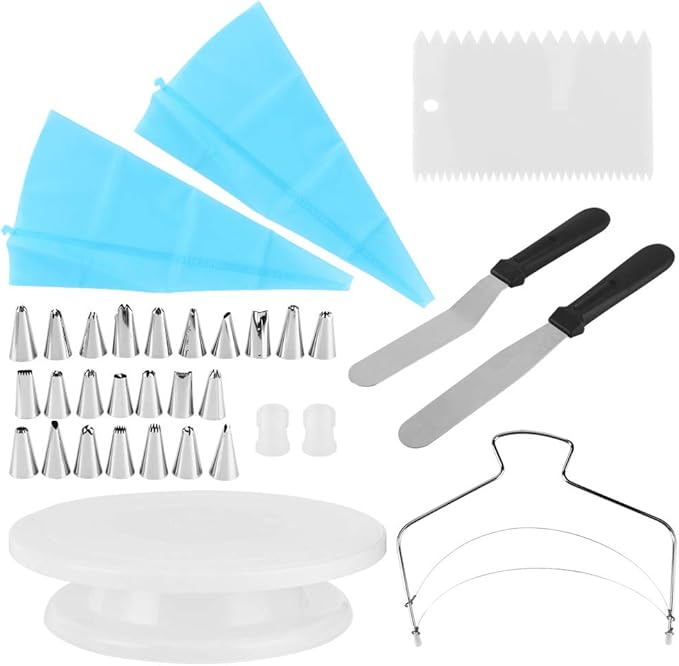 FLEXMAN 33Pcs Cake Decorating Kit, Cake Turntable Base Cake Leveler with 24 Decorating Nozzles, Cake Turntable Set with Scraper Pastry Nozzle Set Baking Tool