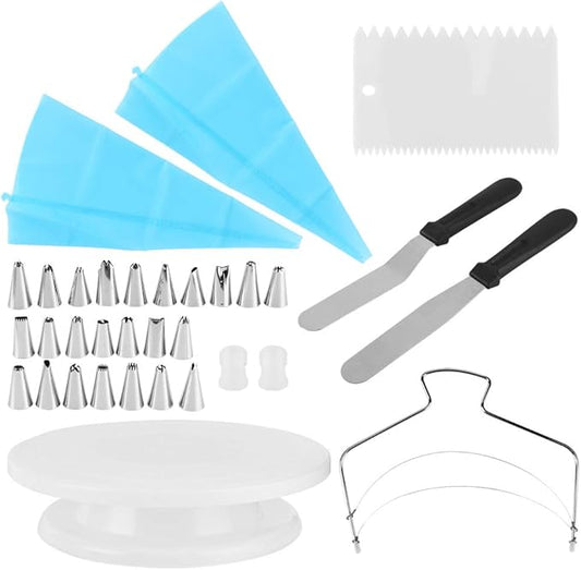 FLEXMAN 33Pcs Cake Decorating Kit, Cake Turntable Base Cake Leveler with 24 Decorating Nozzles, Cake Turntable Set with Scraper Pastry Nozzle Set Baking Tool