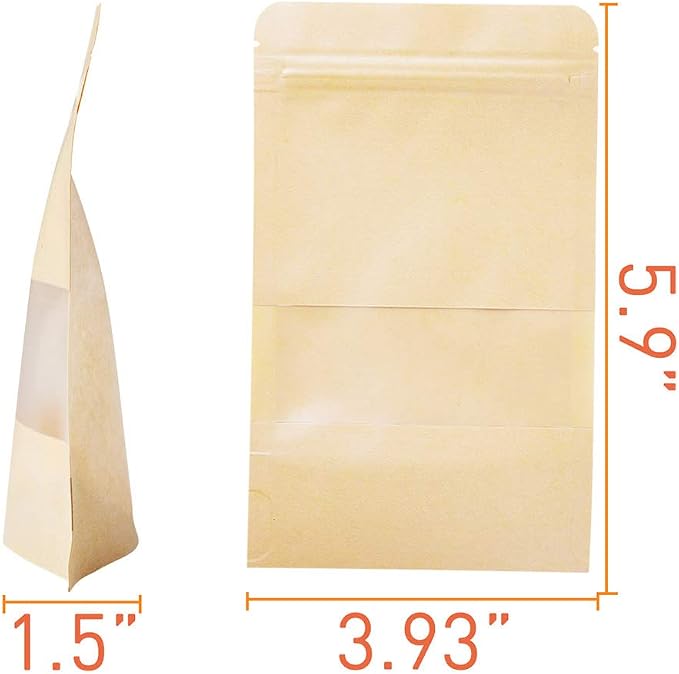 Kraft Stand Up bags 100 Pcs,Brown Resealable Bags with Window for Home or Business,Coffee,Food Storage Bags,Sealable Bags for Packaging(3.9×5.9) - Image 2