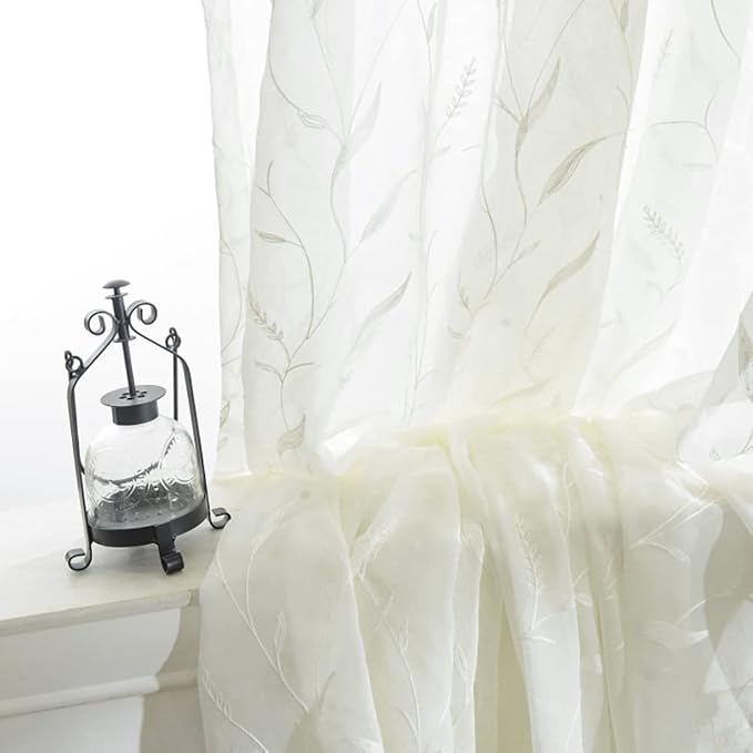 White Rod Pocket Sheer Curtains 96 inches Length Embroidered Window Curtain Sheer Voile Panels for Living Room & Bedroom, 60x96, Two Panels - Image 5