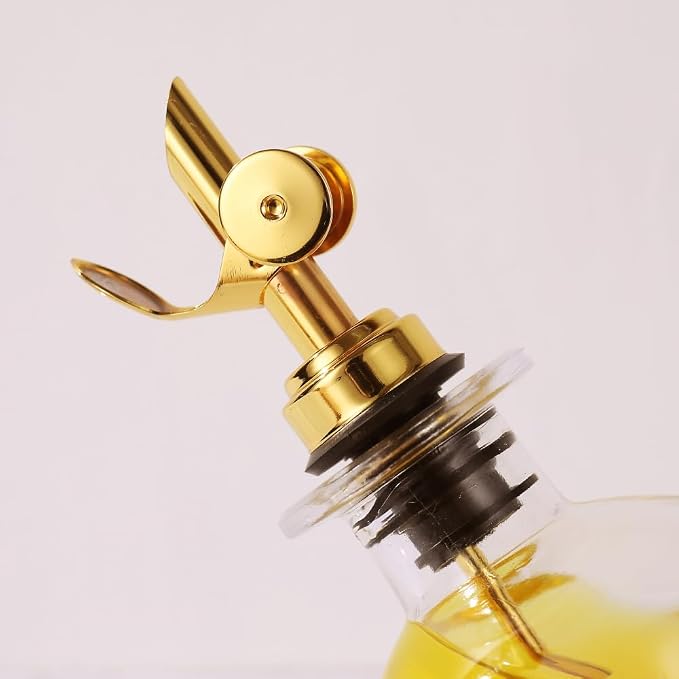 Molimoli Olive Oil Dispenser Bottle for Kitchen, Coffee Syrup Dispenser w. Weighted Pourer, Glass Bottle Dispenser for Kitchen with Ceramic Tray | Gold, 350ml, Set of 2 - Image 9