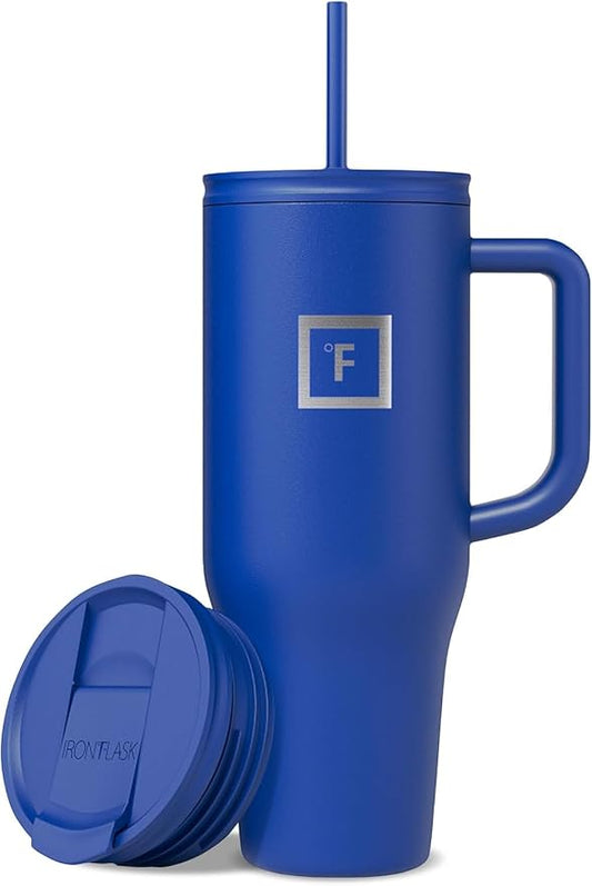 IRON °FLASK 40 oz Co-Pilot Insulated Travel Mug | Insulated Travel Mug with Straw & Flip Cap Lids - Cup Holder Fit, Leakproof, BPA Free (Cobalt Blue) by IronFlask