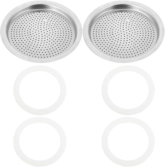 Moka Pot Replacement Parts Set with 2 Stainless Steel Filters and 4 Silicone Gasket Seals for 3 6 9 Cup Espresso Maker Coffee Accessories(6Cup) by Unknown