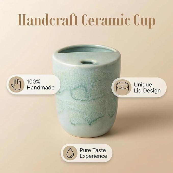 Handmade Ceramic Coffee Mug with Half Lid, 17oz Unique Tea Coffee Cup with Sip-top Lid, Sea Foam - Image 2