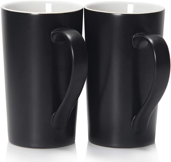 20 oz Large Coffee Mugs, M007 Tall Ceramic Cup with Handle for Dad Men, Set of 2, Black by Smilatte