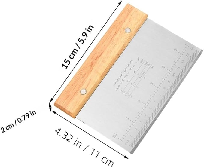 Cabilock 2pcs Stainless Steel and Wood Dough Cutter Tool with Comfortable Handle and Measuring Scale, Multipurpose Dough Scraper for Baking, Cake, and Pizza Preparation - Image 2