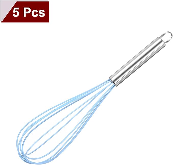 HARFINGTON 5Pcs Silicone Whisk 12" Kitchen Whisk Wire Whisks Beater with Stainless Steel Handle for Egg Milk Whisking Blending Beating & Stirring, Blue