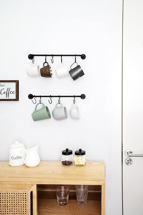 Mkono Wall Mounted Mug Holder, Coffee Cup Hanger Rack with 10 Hooks, 2 Pack | Kitchen Rod, Space Saving, Easy Assembly, Wall & Under Cabinet, Durable Metal, Kitchen Dining Bar Organizer, Multi-Function - Image 2