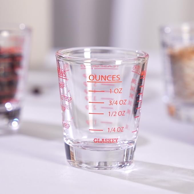 GLASKEY 2 Pack Shot Glasses Measuring Cup,Espresso Shot Glass with 4 Kind of Scale (OZ/ML/TSP/TBSP),Dishwasher Safe,Perfect for Coffee,Cocktails and Kitchen Use (Red)