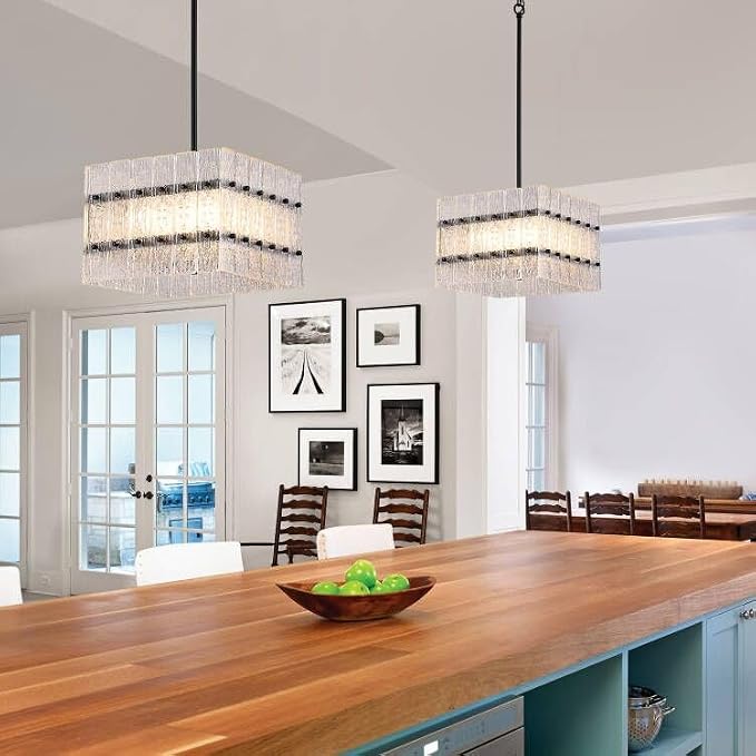 Modern Black Crystal Chandelier for Dining Room,Contemporary Square Water Ripple Glass Chandelier 4 Lights for Kitchen Island Entryway UL Listed - Image 3