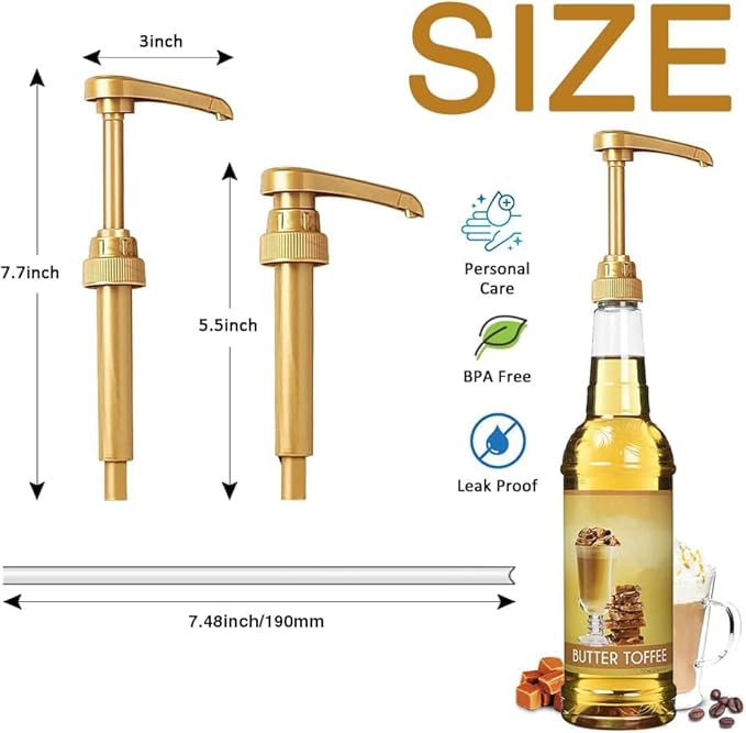 Premium 8 Packs Coffee Syrup Pump Dispenser, Fits 25.4 Oz/750ml Coffee Flavoring Syrup Bottles, No Dripping, Great for Home & Coffee Bar Drinking Mixes,Tea,Beverage,Plus Spoons(Gold,5.23")
