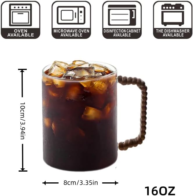 2-Piece Glass Coffee Mugs with Woven Handles, Withstand -20℃ to 150℃, 16oz Clear Large Glass Cups, Glass mug set for Latte, Cappuccino, Iced Coffee, Tea, Wine, Water, Beer