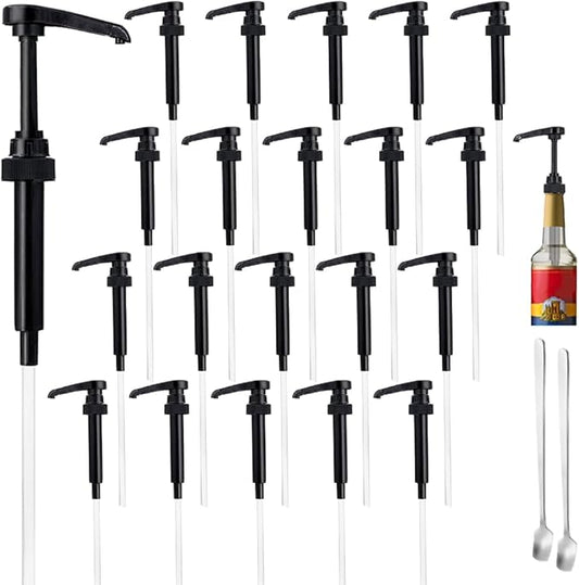 20 Pcs Black Pumps for Coffee Syrup Bottle, Compatible with 25.4 Oz/750ml Bottles, Great for Home & Coffee Bar Drinking Mixes, Tea, Beverage, Cocktails, Plus Spoons