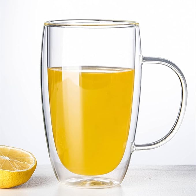Double Wall Glass Coffee Mugs with Handle, Clear Coffee Mugs Set of 1 (15 oz / 450 ml), Tea/Coffee/Latte/Cappucino/Cafe/Milk, or other Hot Beverage mugs. (450ml)