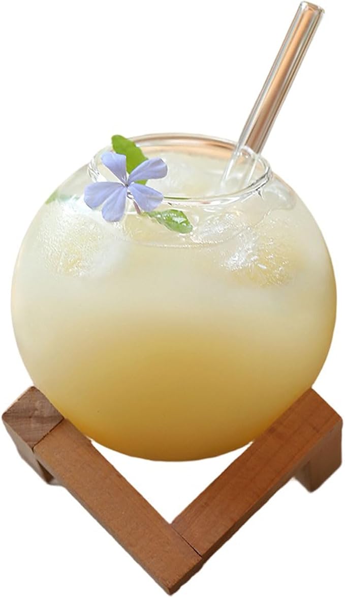 Drink Cup Cocktails Mug Glassware Juices Tumblers Creative Ronud Ball Glass Cup with Wood Stand Drinking Glassware Restaurant Cold Drinking Juices Cups - Image 9