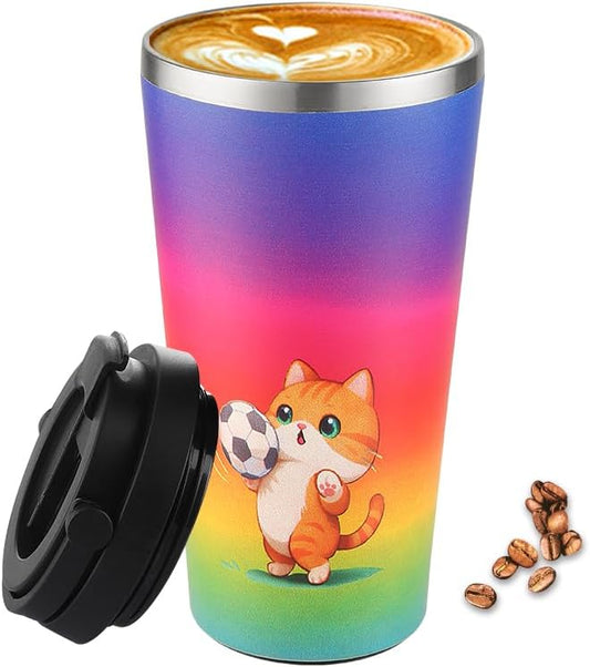 Funkrin Insulated Coffee Mug with Ceramic Coating, 16oz Iced Coffee Tumbler Cup with Flip Lid and Handle, Double Wall Vacuum Leak-Proof Travel Mug for Office School Party Camping by Funkrin