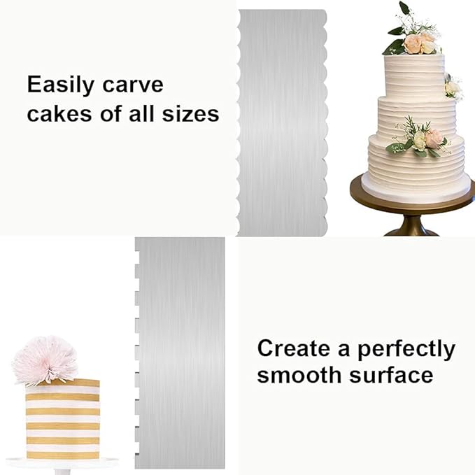 2 Pc Stainless Steel Cake Scraper Cake Decorating Tools Edge Side Jagged Wave Double Sided Patterned Comb Metal Cake Carving Smoothing Cream Pastry Baking(CS-21，CS-25)