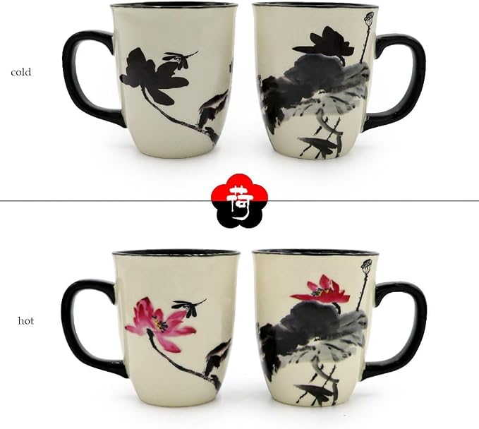 Funny Ceramic Magic Heat Color Changing Art Coffee Tea Mug Lotus Printing Porcelain Mugs for Women Personalized White Green Tea Cup 16 oz Large Coffee Mug for Mom Girl Grandma And Man - Image 5