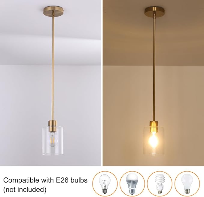 Brass Pendant Lights Kitchen Island,Modern Farmhouse Clear Glass Pendant Light,Gold Light Fixture Kitchen Pendant Mini Hanging Light Fixture for Sink (Brass 2 Pack stem Rod) - Image 4