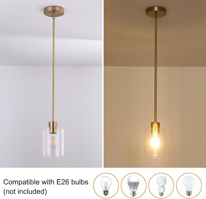 Brass Pendant Light for Kitchen Island 1 Pack, Modern Gold Hanging Light with Adjustable Rod, Farmhouse Brass Pendant Lighting for Dining Room Sink, Brass Rod Ceiling Hanging Light Fixture - Image 5