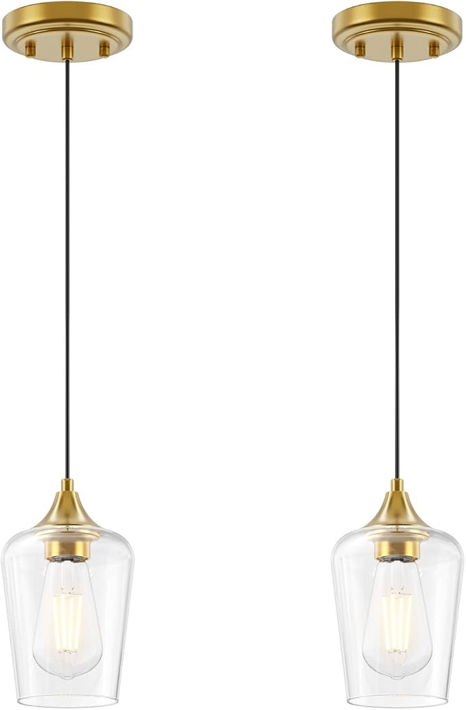 Ralbay Farmhouse Brushed Gold Pendant Light 2-Pack, Pendant Light Fixtures with Wine Clear Glass Shade, Kitchen Island Lighting for Dining Room, Rustic Adjustable Hanging Lighting Fixture by RalbayLighting