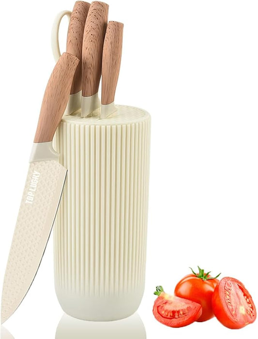 Knife Set, Wiztoynia 6-Piece Beige Kitchen Knife Set for Home, Anti-Rust Non-stick Stainless Steel Sharp Chef Knife Set with Universal Knife Block for Kitchen, Ergonomical Design (Beige) by Wiztoynia