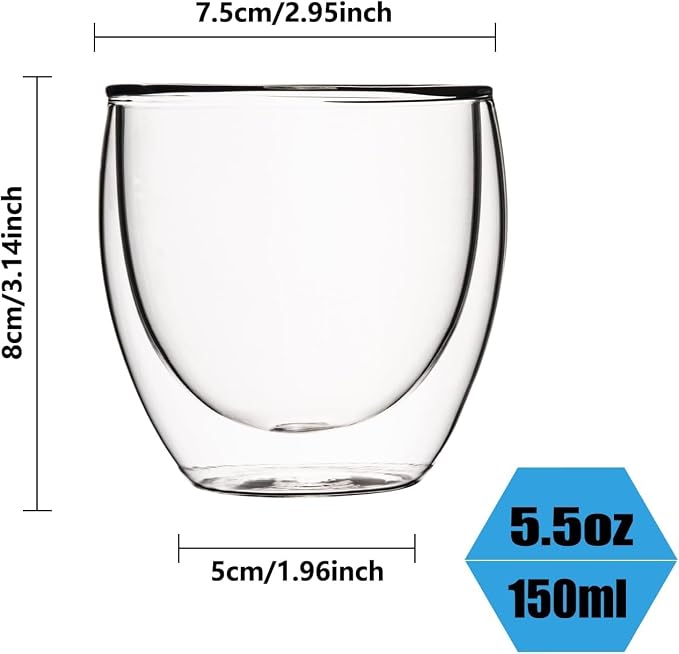 5.5oz Glass Coffee Mugs Set of 4, Double Walled Espresso Cups for Latte Cappuccino Cocoa Milk Cafe Juice, Clear Glass Tea Cup Set Glassware Gift for Christmas Birthday (5.5oz-4Pack) - Image 4