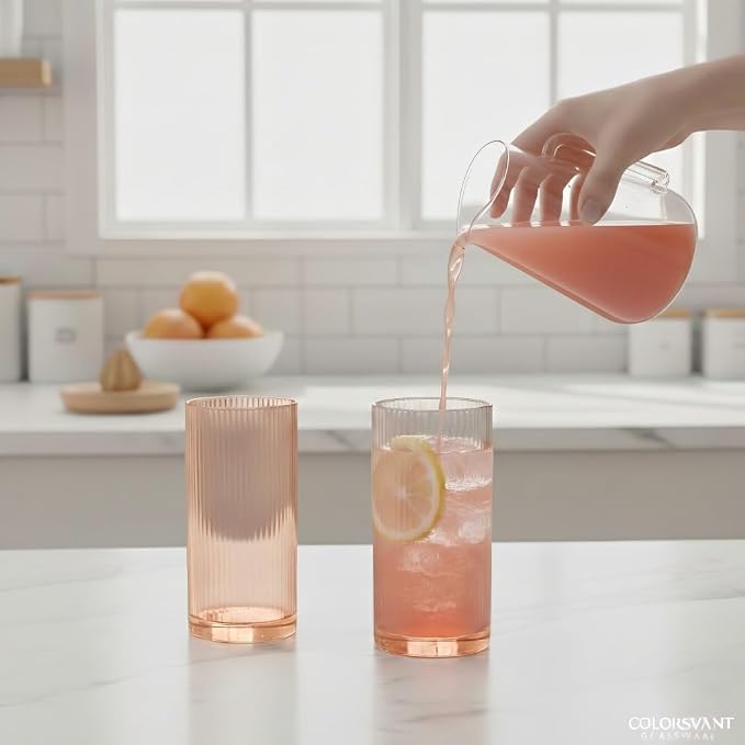 Physkoa Peach Ribbed Drinking Glasses Set of 6 – Vintage Embossed Highball Glassware, Thick Premium Tumbler Cups for Water, Cocktails, Iced Coffee, Modern Kitchen Bar Gift Set - Image 3