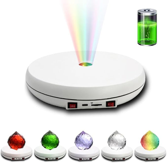 JAYEGT Motorized Rotating Display Stand with LED Light , 10 inch /55lbs Load, 360 Degree Electronic Photography Turntable for Products Shows, Jewelry, Crystal Art ，Watch, 3D Models (White / 5 Colors