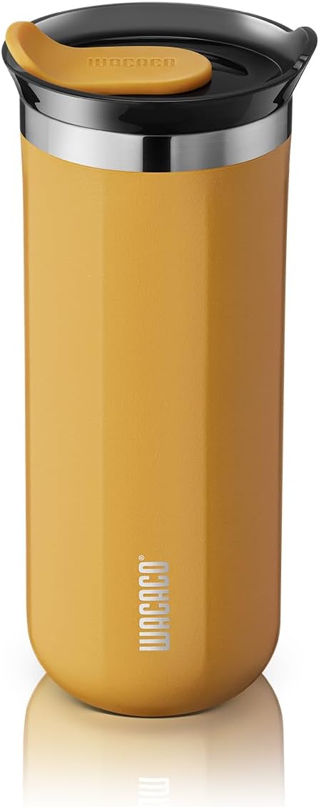WACACO Octaroma Grande Vacuum Insulated Coffee Mug, 15 fl oz (435ml), Double-wall Stainless Steel Travel Tumbler With Drinking Lid, Amber Yellow by WACACO