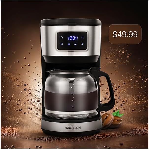 12 Cup Programmable Drip Coffee Maker, Touchscreen Brewer | 2Hour Keep-Warm Function, 2Hour Auto Shut-Off, Built-In Permanent Filter for Daily Household Coffee Brewing,Stainless Steel by HousesAid