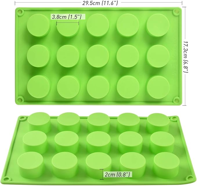 Newk Cylinder Silicone Mold, 3 Packs 15-Cavity Round Cylinder Mold for Cupcake, Handmade Soap, Muffin, Cake, Cheesecake, Brownie, Chocolate Cover-Green