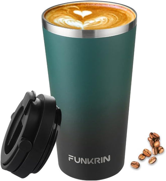 Funkrin Insulated Coffee Mug with Ceramic Coating, 16oz Iced Coffee Tumbler Cup with Flip Lid and Handle, Double Wall Vacuum Leak-Proof Travel Mug for Office School Party Camping by Funkrin