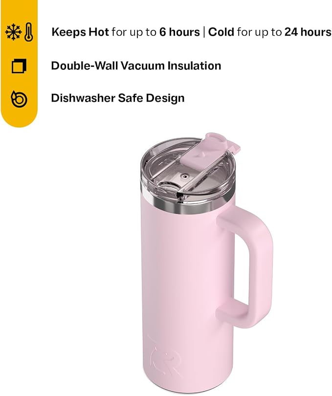RTIC 20oz Road Trip Travel Mug with Lid and Handle, Ceramic Lined, Insulated, Stainless Steel, Metal, Double Wall Vacuum-Insulation, Portable Coffee, Tea Cup for Hot and Cold Drink, Pale Pink - Image 2