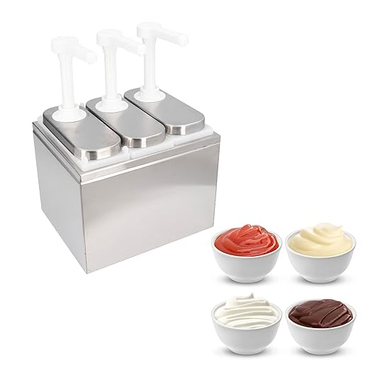 Condiment Pump Dispenser, 1L Single Jars Stainless Steel Sauce Dispenser Pump Ketchup Pump Dispenser Davinci Syrup Sauce Pump Container Salad Pump Container (3 Pumps)