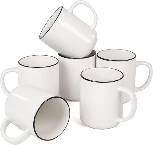 OTAGO Coffee Mugs for 6, 12 oz Mug Set, Dringking Cup with Handle for Coffee, Tea, Cocoa, Black Rim by OTAGO