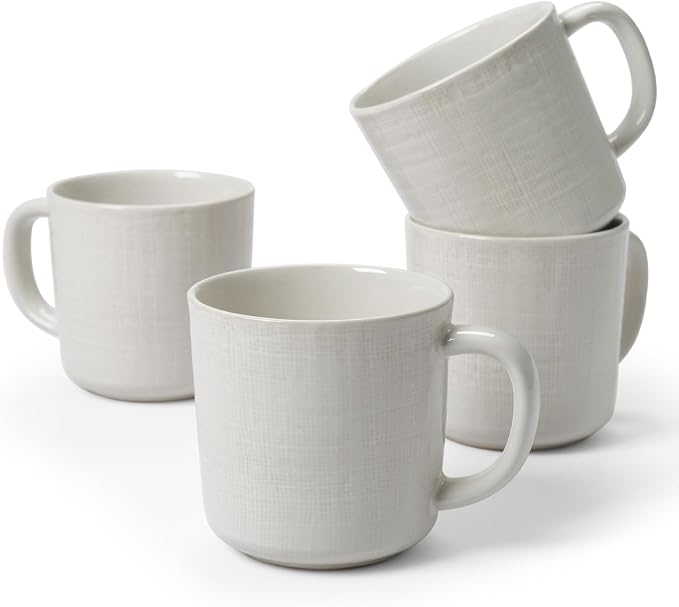 famiware Moonlight Coffee Mug Set of 4, 14oz Mug Set with Linen Finish, Coffee Cup Set with Handle for Latte, Cappuccino, Tea, Hot Cocoa, Microwave and Dishwasher Safe, White by Famiware