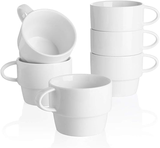 Sweese Porcelain Espresso Cups Set of 6, White | 6 oz size, stackable cups, for espresso and Coffee Drinks, Latte, Tea, cappuccino, set of 6, Dishwasher Safe by Sweese