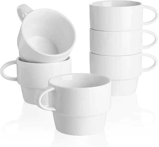 Sweese 10 oz Stackable Porcelain Coffee Mugs, Set of 6, White | stackable mugs for Cappuccino, Mocha, Tea - Dishwasher Friendly – Ideal for Home and Café, White by Sweese