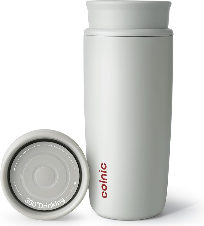 Travel Coffee Mug with 360°Lid, 12 oz Coffee Tumbler Insulated Travel Mugs for Hot and Cold, Vacuum Insulated Stainless Steel Coffee Cup Leak Proof Spill Proof-Ivory Gray by WelcomeToColnic