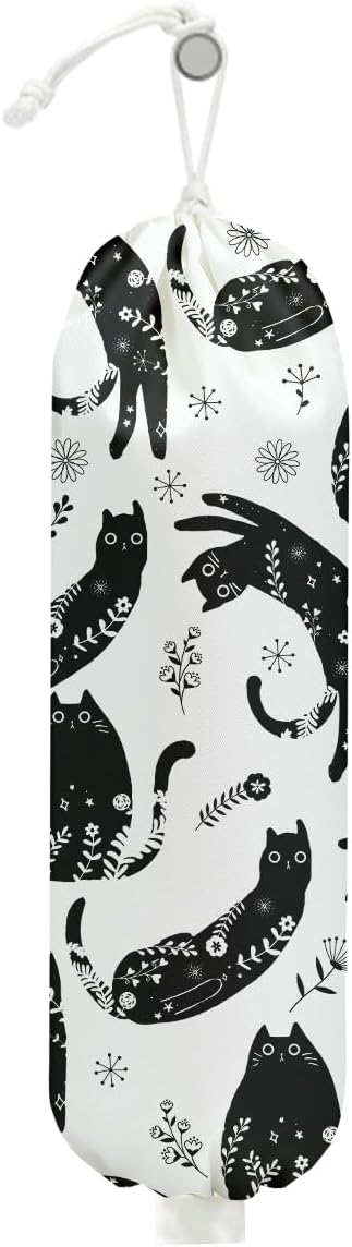 Black White Floral Cat Plastic Bag Holder, Wall Mount Grocery Bag Holder | Plastic Bags Storage, Vibrant Cats Reusable Grocery Bags Storage Dispenser for Home Kitchen Decor, Cat Lover Gifts for Women by Unknown