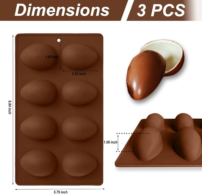3 Pack 3D Easter Egg Silicone Molds, 8 Cavity Egg Shape Non-stick Baking Molds Tray DIY Baking Tool for Easter Chocolate Cake Dessert Muffin Mousse Pastry Handmade Soap Crayons(Brown) - Image 2
