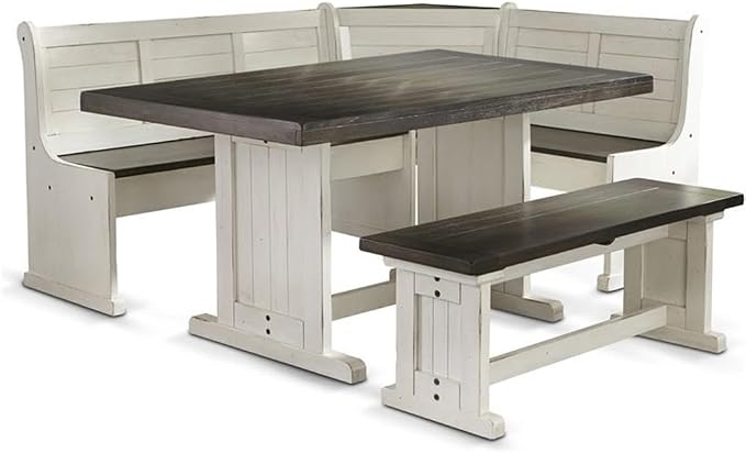 Pemberly Row Wood Breakfast Nook Set, Off White and Dark Brown Finish, Mahogany Base, Hidden Storage Benches, Reversible Design, Two-Toned European Cottage Style Dining Set for Small Spaces - Image 6