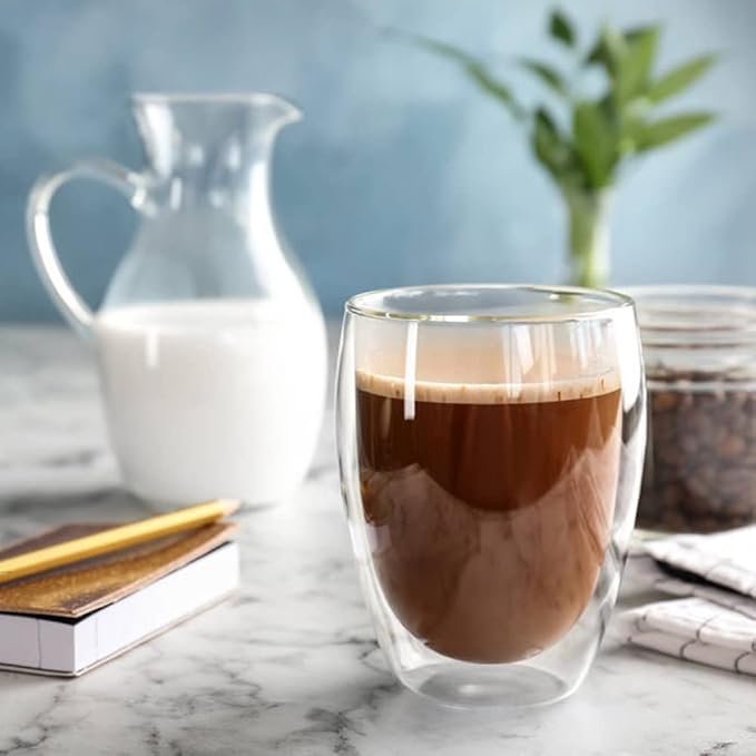 Joeyan 12oz Double Walled Glass Coffee Mugs Set of 4, Insulated Latte Glasses for Hot or Cold Drinks, Clear Glass Coffee Cups with Spoon for Espresso Iced Tea Cappuccino Macchiato Juice