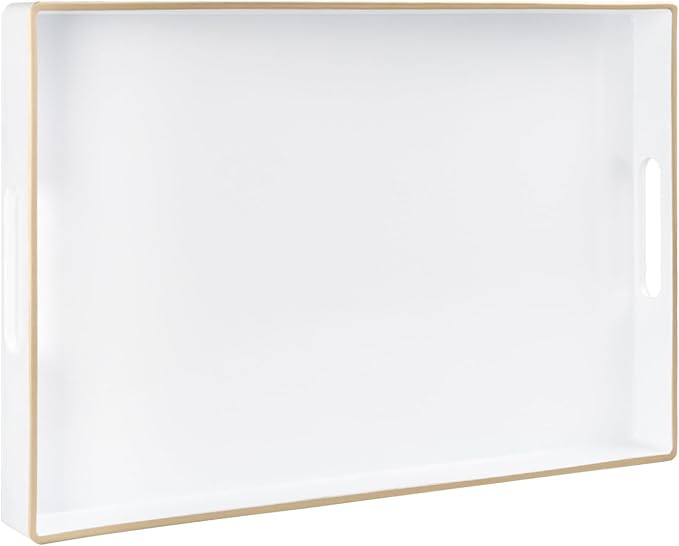 MAONAME White Decorative Tray for Coffee Table, Serving Tray with Handles | Plastic Melamine Tray, Modern Ottoman Tray, Rectangular Countertop Organizer Tray for Living Room, 15.8"L x 10.2"W x 1.4"H by MAONAME