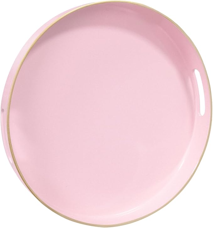 MAONAME 13" Pink Decorative Tray, Plastic Round Serving Tray with Handles | Decorative Tray for Coffee Table, Modern Ottoman Tray, Circle Tea Tray, Round Melamine Tray for Living Room, Bathroom by MAONAME